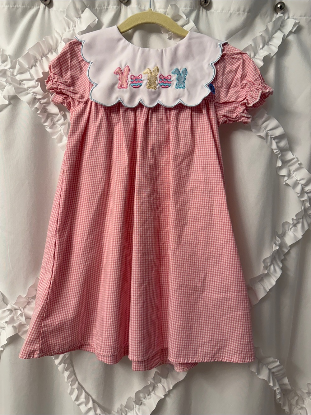 Pink Gingham Girls' Bunny Embroidered Collar Dress